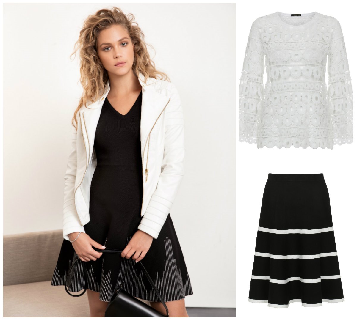 משמאל: אסתי גינזבורג לגולברי, צילום: יניב אדרי. מימין: חולצה לבנה וחצאית עם טוויסט, צילום: אבי יפה