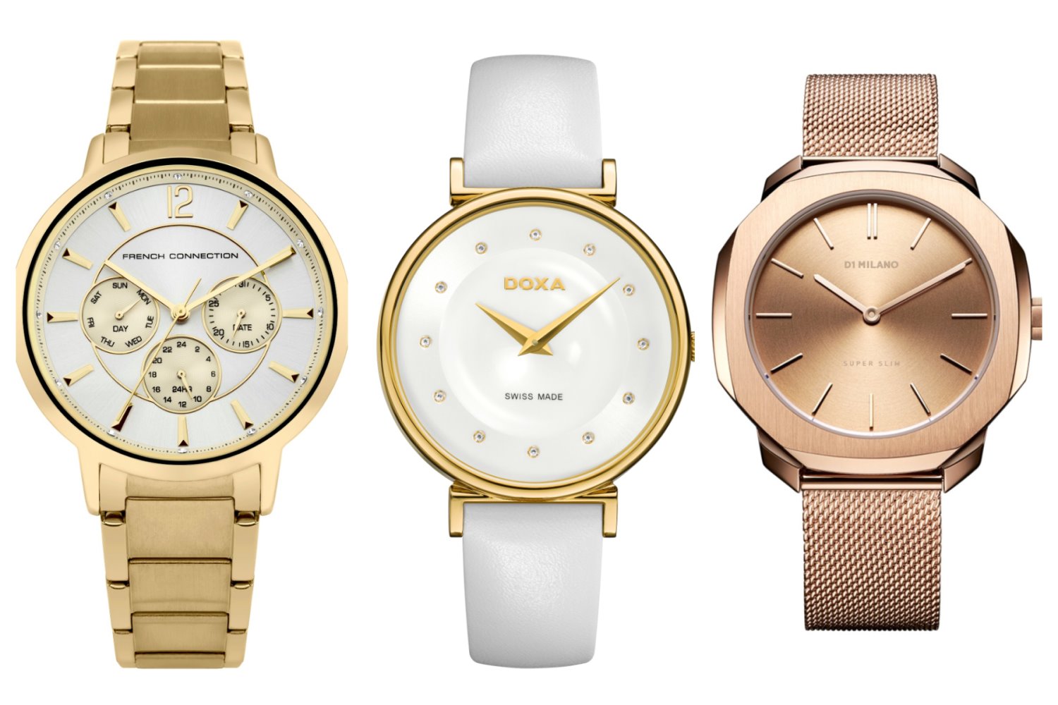 D1 Milano, 910 שקלים, יח"צ. DOXA בבורסה לתכשיטים, 1,290 שקלים, יח"צ. French Connection, 696 שקלים, יח"צ.