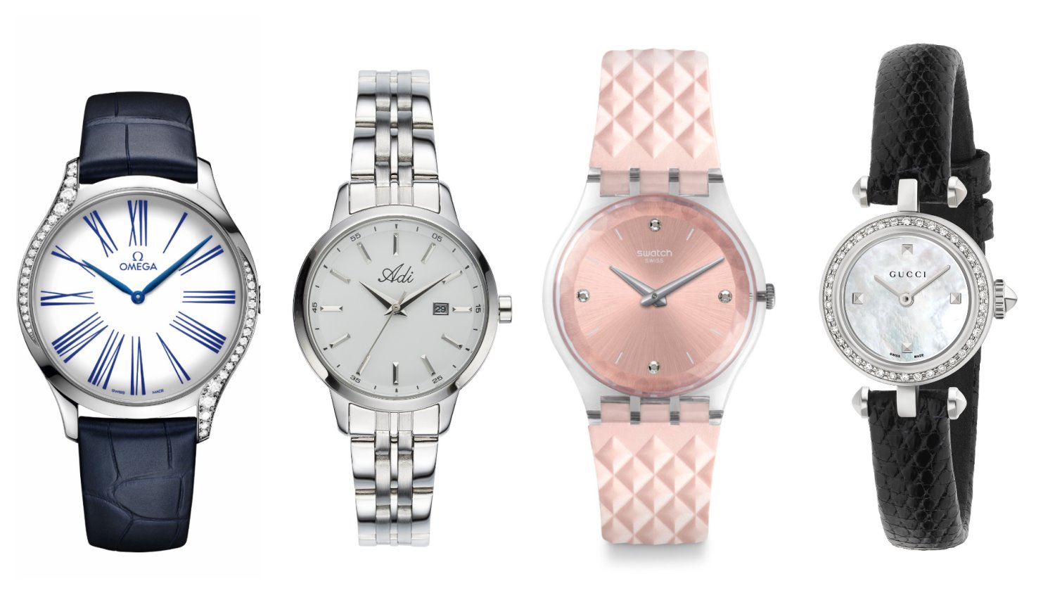 שעון למותג ג'וצ'י, 10,590 שקלים, יח"צ. סווטש, 349 שקלים, יח"צ. שעון כסף של עדי מקבוצת יבנה, 209 שקלים, יח"צ. קולקציית טרז'ור למותג אומגה, 17,900 שקלים, יח"צ.