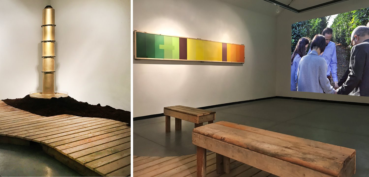 מקומו של הפרדס בנוף. (מימין) וידיאו והדפס צילומי של ישי, משמאל מיצג של אסולין