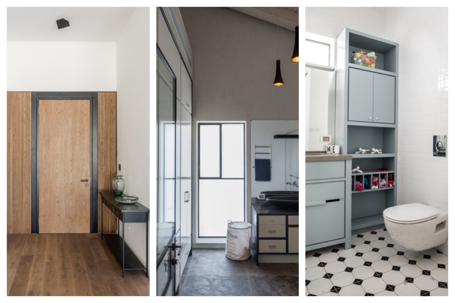 חלל הרחצה ביחידת הילדים. חלל הרחצה המרווח ביחידת ההורים: מרוצף באבן, מכיל פונקציות של אחסון ומקושר עם החדר באמצעות דלת זכוכית שקופה. מבט מתוך חלל הפנים אל דלת הכניסה, שעוצבה ייעודית. צילום: גלעד רדט.