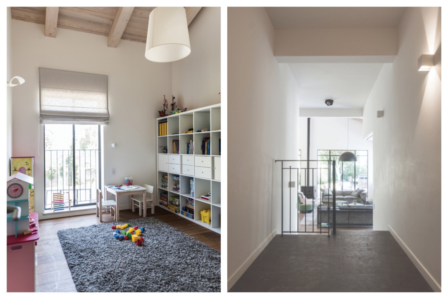 קשרי עין ישירים: מבט ממבואת המפלס העליון מרוצפת האבן, אל המפלס הציבורי. אחד מחדרי הילדים שבמפלס העליון. צילום: גלעד רדט