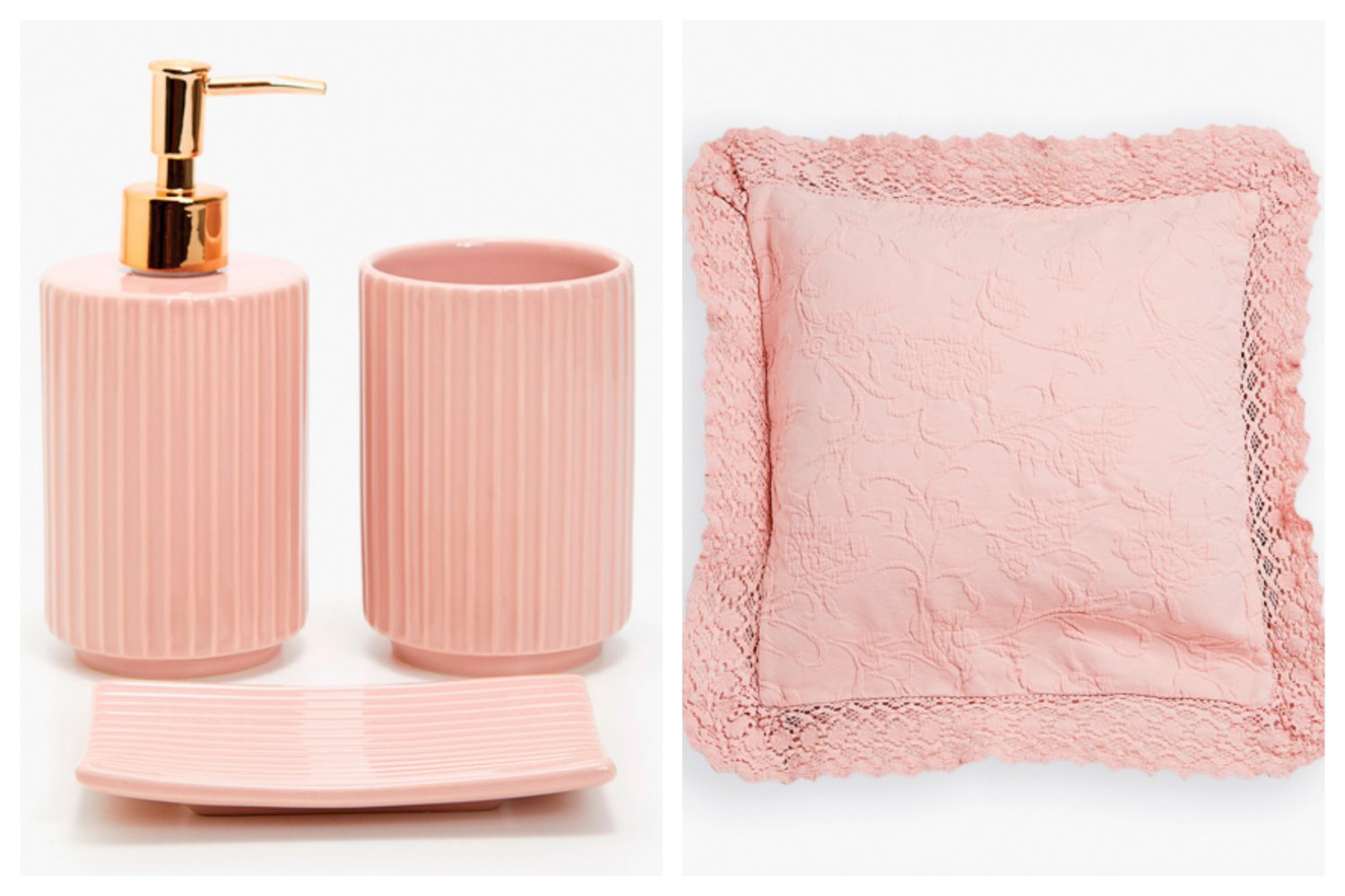 כיסוי לכרית עם עיטורים, Zara Home, 179.90 שקל. סט לאמבטיה ורוד-זהב, Zara Home, 49.90-89.90 שקל ליחידה. 