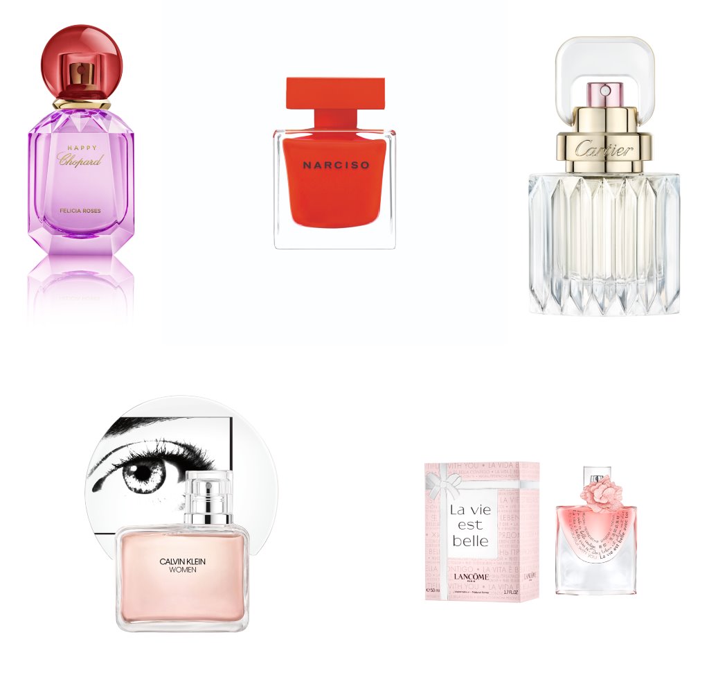 בושם לאישה CARAT E.D.P. קרטייה, מחיר: 530 שקל ל- 100 מ"ל, להשיג בלעדית ברשת אפריל.  בושם לאישה ROUGE. נרסיסו רודריגז, מחיר: 582 שקל ל- 90 מ"ל. בושם לאישה Happy Chopardfelicia rose. שופארד, מחיר: 299 שקל ל- 40 מ"ל. בושם לאישה LA VIE EST BELLE. לנקום מחיר: 249 שקל ל- 50 מ"ל. בושם לאישה CALVIN KLEIN WOMEN. קלווין קליין, מחיר: 349 שקל ל- 100 מ"ל. 