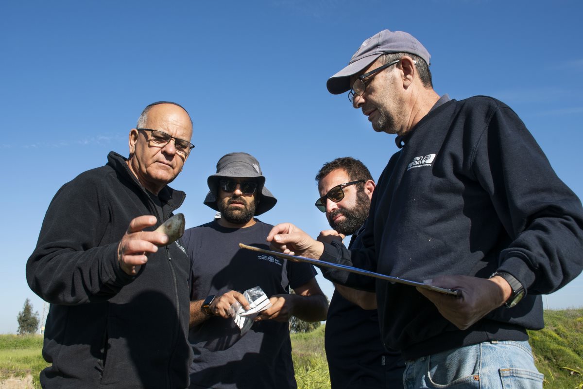 מנהל רשות העתיקות, אלי אסקוזידו, בוחן כלי צור קדום באתר החפירות 